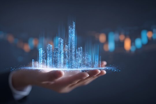 Futuristic digital cityscape hologram projected from a hand, representing innovation and growth