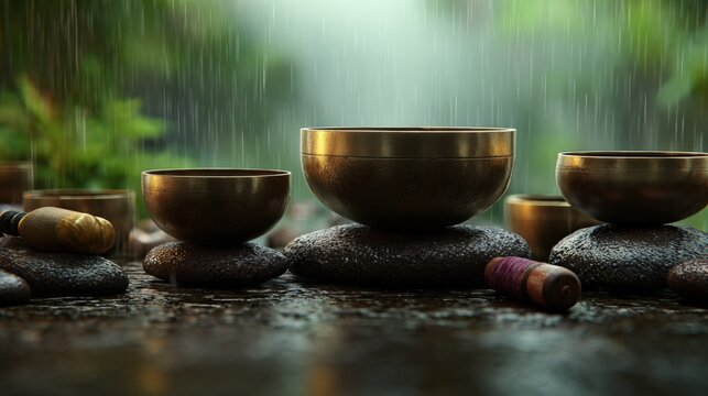 Tranquil dark metallic singing bowls on wet rocks with bamboo rainstick and candles outdoors in lush green forest nature scene