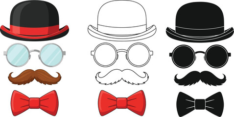 Vintage style bowler hats glasses mustaches and bow ties vector illustration
