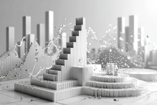 Abstract monochrome cityscape with intricate geometric shapes, bars, and dots representing financial growth and data visualization in a futuristic setting
