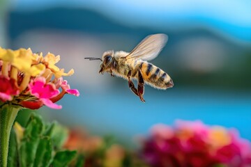 Close-up of a honeybee in mid-flight collecting nectar from vibrant pink and yellow flowers outdoors with a blurred blue sky background