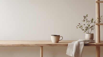 Minimalist wooden shelf with ceramic mug and potted plant in modern interior design setting with neutral tones and natural decor elements
