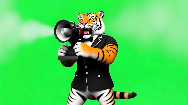 Roaring Success: Business Tiger with Megaphone on Green Screen