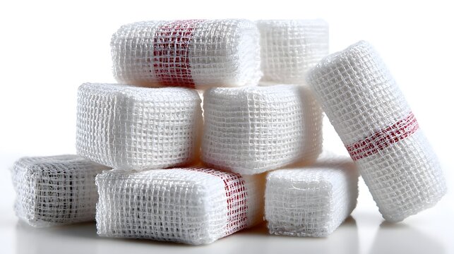 Medical gauze pads stacked in a pyramid shape.