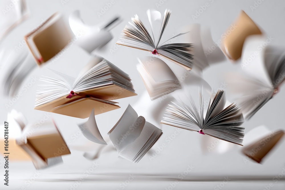 Poster dynamic abstract floating books and pages in midair creating a sense of motion and literary mystery 