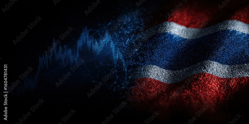 Poster vibrant flag of thailand with dynamic digital graphs and data visualization elements in bright blue 