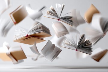 Naklejka premium Dynamic Abstract Floating Books and Pages in Midair Creating a Sense of Motion and Literary Mystery in a Bright Minimalist Studio Scene