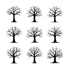 Black Silhouette Trees Collection on White Background Vector Illustration.