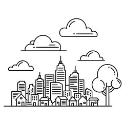Obraz premium City skyline landscape with clouds and trees outline urban scene