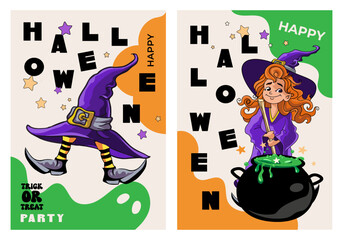 Obraz premium halloween witch hat and witch with potion set of posters, cards, banner, cover, autumn eve, template, hand drawn creative vertical vector illustration