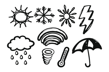 Weather Elements Doodle: A collection of hand-drawn weather icons, including sun, snowflake, lightning, rain cloud, umbrella, and more.