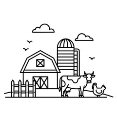 Naklejka premium Farm landscape with barn, silo, cow, chicken and rural elements line art