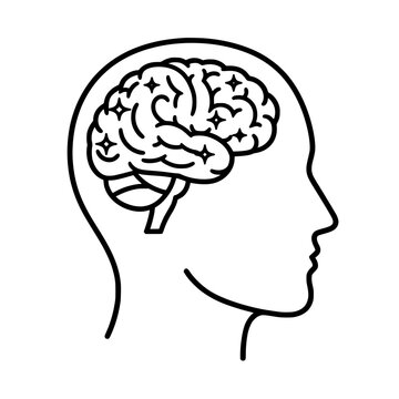 Human head side view with brain anatomy vector sketch outline drawing