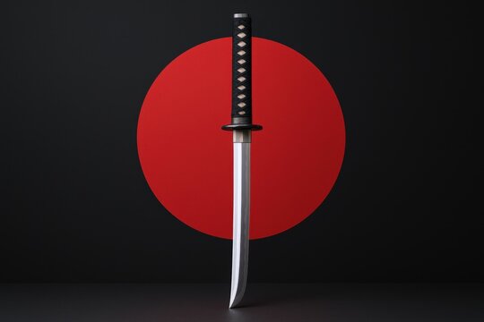 Traditional Japanese Katana Sword with Black Handle and Guard Hanging in Front of Red Circle on Black Background - Powered by Adobe
