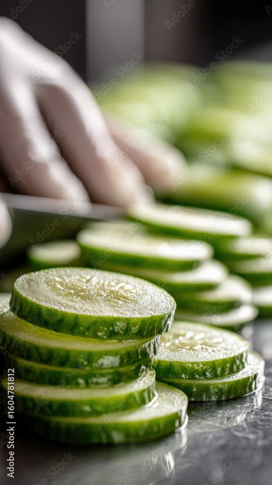 Poster freshly sliced cucumbers stacked in a neat pile with a knife and blurred background for healthy eati