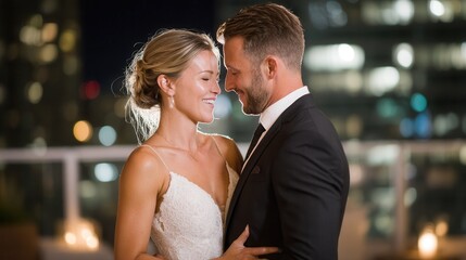 Romantic moment: caucasian bride and groom embrace on rooftop at night.