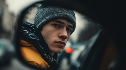 Close-up portrait of young man in beanie and jacket taken outdoors using car rear view mirror.