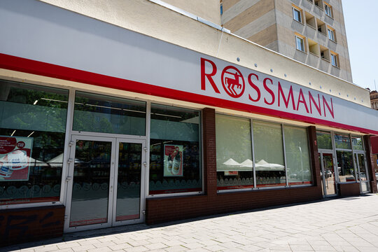 Front of a Rossmann store in Warsaw, Poland on a sunny day
