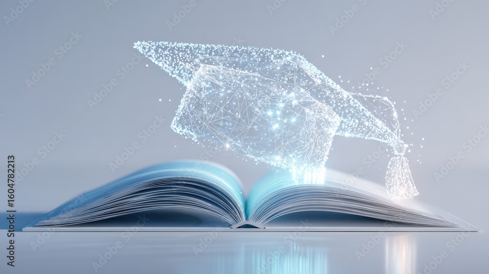 Poster highly detailed digital illustration of a glowing graduation cap emerging from an open book with spa