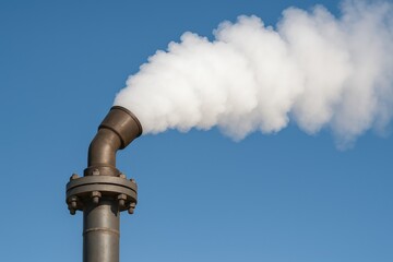Power Production Hydrocarbon concept. Smoke billowing from a metal chimney against a clear blue sky.