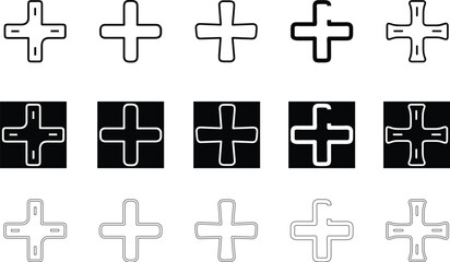 Obraz premium Bold Plus Sign Icon Set – Inverse and Filled Medical Crosses for Emergency UI, Hospital, and Health Branding