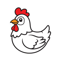 A cute, cartoon illustration of a white hen with a red comb and wattle, and an orange beak, on a plain white background.