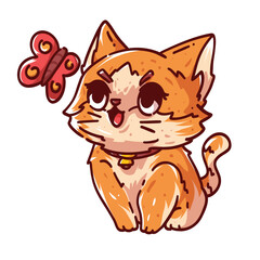 CUTE CAT KITTY LOOKING AT A BUTTERFLY MASCOT CHARACTER