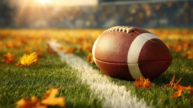 A football rests on a grassy field with autumn leaves scattered around, sunlight shining in the background, creating a warm, seasonal sports atmosphere
