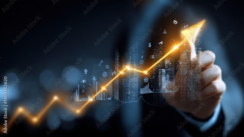Poster businessman in a dark office pointing at an ascending glowing line graph with financial data charts 