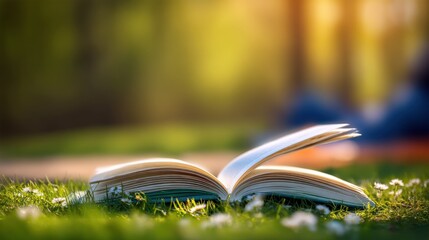 Open book resting on lush grass in a serene park scene with vibrant autumn foliage and warm sunlight creating a peaceful outdoor environment