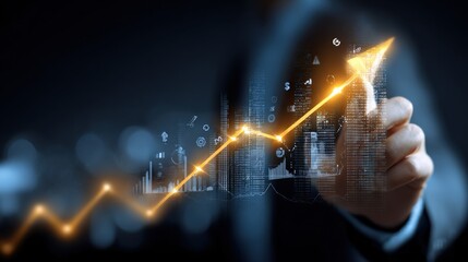 Businessman in a dark office pointing at an ascending glowing line graph with financial data charts and city skyline in the background