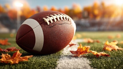 A football rests on a grassy field lined with autumn leaves, with a blurred stadium and warm sunlight in the background