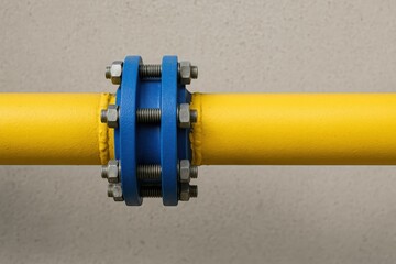 Power Production Hydrocarbon concept. Industrial yellow pipe with blue connectors against a textured background.