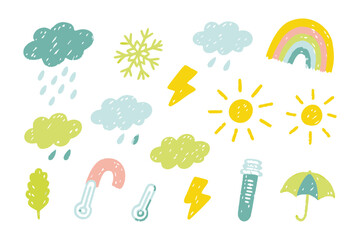 Obraz premium Weather Doodle: A delightful array of hand-drawn weather icons, including raindrops, sunshine, snowflakes, rainbow, and more. capturing the joyful spirit of meteorology.
