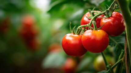 Fresh ripe red tomatoes hanging on vine in a lush green garden with vibrant leaves and natural sunlight illumination