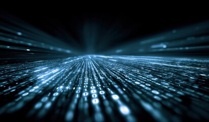 Abstract digital data stream with glowing binary code and futuristic light beams on a dark background for technology, innovation, and cybersecurity themes