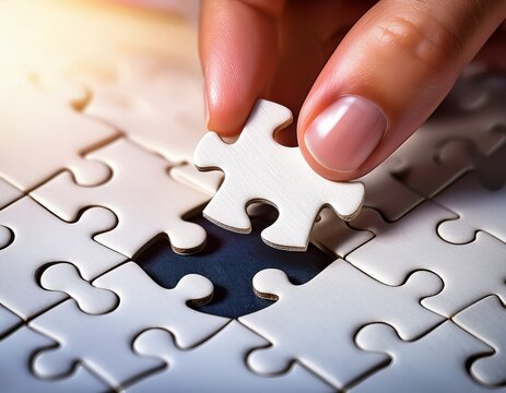 close up of a hand carefully placing a white jigsaw puzzle piece