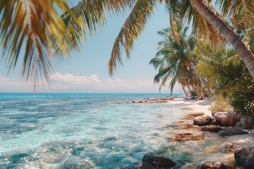 Tranquil Tropical Paradise with Clear Blue Water, Sunny Sky, Palm Trees, and Sandy Beach Ideal for Relaxation and Vacation Getaway in an Idyllic Setting