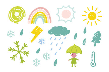 Colorful Weather Icons Set: A collection of whimsical, hand-drawn weather icons illustrates diverse conditions, evoking a sense of playfulness. Perfect for educational content. 