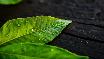 Dewkissed leaves on rustic dark wood