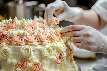 A professional baker's gloved hands meticulously decorate an elaborate three-tier wedding cake with delicate pink and white buttercream roses in a clean, professional kitchen