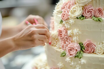 A professional baker's gloved hands meticulously decorate an elaborate three-tier wedding cake with delicate pink and white buttercream roses in a clean, professional kitchen