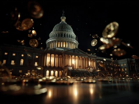 Fototapeta Iconic US Capitol Building at Night with Golden Coins Falling from Sky in a Dramatic Scene with Bright Illumination and Night Sky Background