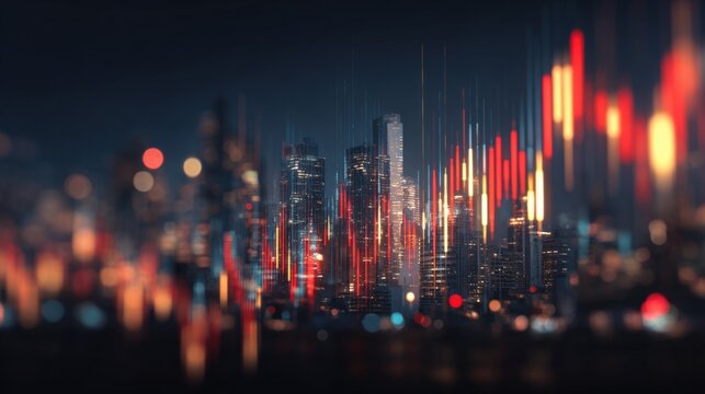 Futuristic cityscape at night with high-rise buildings illuminated by vibrant lights and dynamic red and blue financial data graphs - Powered by Adobe