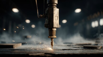Close-up of industrial CNC machine drill bit performing precision drilling on metal surface with sparks and dust in workshop setting