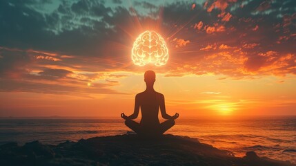 A silhouette of a person meditates on a cliff overlooking the ocean at sunset. A glowing brain hovers above their head, symbolizing mental clarity, focus, and intelligence