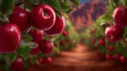 Obraz premium Juicy Red Apples in Orchard at Sunset