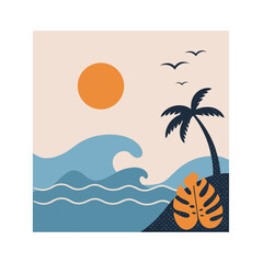 Napkin icon with tropical sunset with waves and palm tree on a colorful background