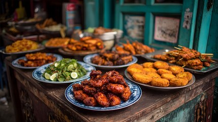 Fototapeta premium Colorful Display of Delicious Street Food Plates in an Asian Market Setting