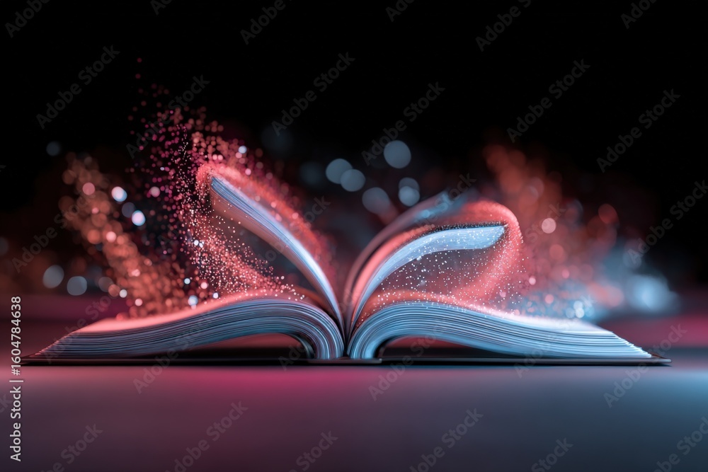Poster open book with glowing pink and blue sparkles emerging from the pages creating a magical and enchant